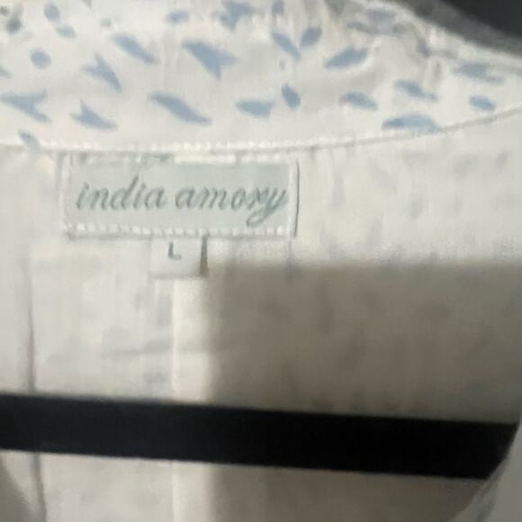 INDIA AMORY Julia SZ L White Blue Short Sleeve Shirt Dress Blue Print Flowy - Picture 6 of 8